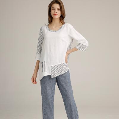 China Summer Striped Casual Linen Clothing Off White Linen Pullover Shirt Female OEM for sale