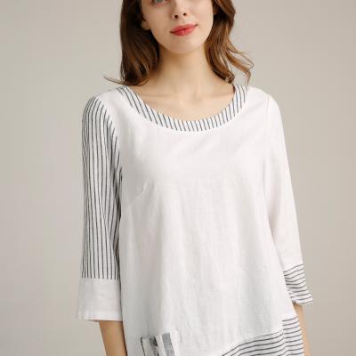 China Pullover Womens Three Quarter Sleeve Tops Blouses With Splicing Cloth for sale