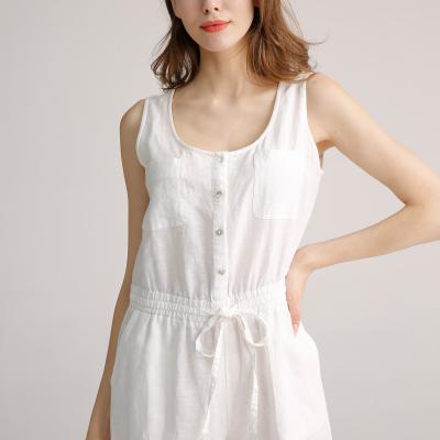 China Slim Fit Leisure Drawstring Waist Romper Ladies 100% LinenSolid Color Jumpsuit for sale