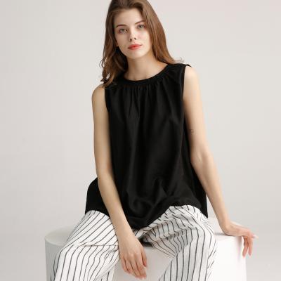 China Breathable Cotton Linen Blouse Shirt Womens Pleated Black Round Neck Sleeveless Top for sale