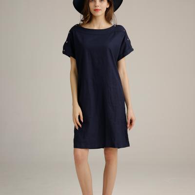 China ODM de lino casual para mujer del estilo de la calle de los azules marinos de los vestidos de la manga del cortocircuito de Midi en venta