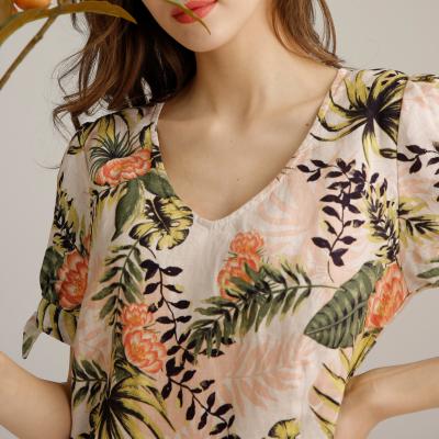 China A luva curto Maxi Shift Womens Casual Linen veste floral escavado do pescoço impresso à venda