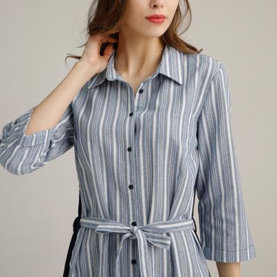 China 3/4 Sleeve Butto Down Linen One Piece Dress Blue White Striped With Belt for sale