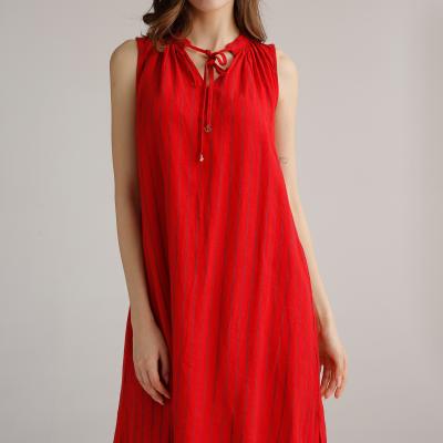 China Red Sleeveless Cotton Swing Womens Casual Linen Dresses Shrinkle Neck for sale