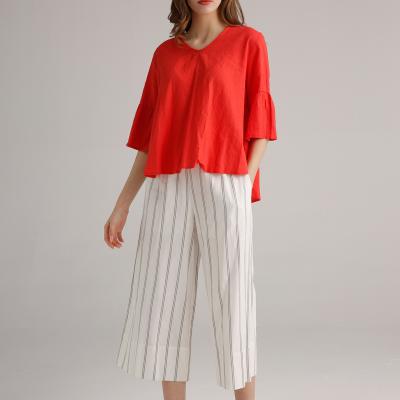China Blusa ocasional do pulôver da simplicidade das camisas de linho das mulheres da tangerina com da parte traseira do laço corda acima à venda
