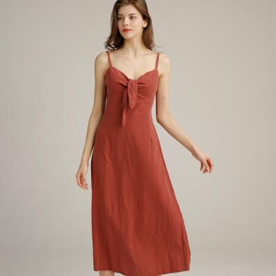 China Brick Red Women'S Linen Viscose Dress Long Maxi Slip Dress Casual Style for sale