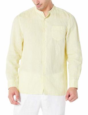 China Goose Yellow Chambray Spring Button Up Shirts Yarn Dyed Mens Linen Band Collar Shirt for sale