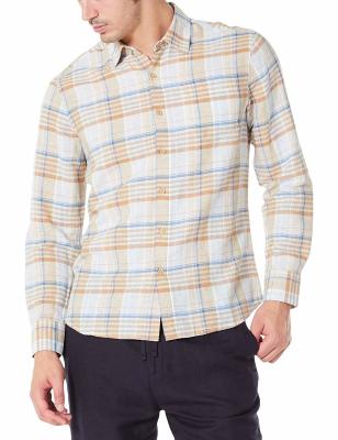 China Beige Plaid 48% Cotton Mens Casual Linen Shirts Pointed Collar Long Sleeve for sale