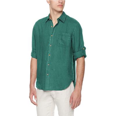 China Solid Green Spread Collar Mens Casual Short Sleeve Shirts Yarn Dyed Fabric Slim Fit for sale