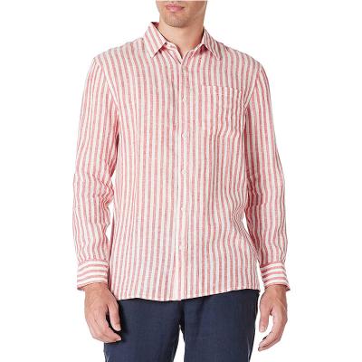 China Stripe Red S M L Mens Casual Linen Shirts Open Neck Button Closure for sale