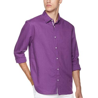 China double Pleated Cuffs Mens Casual Linen Shirts L XL XXL Purple Long Sleeve for sale
