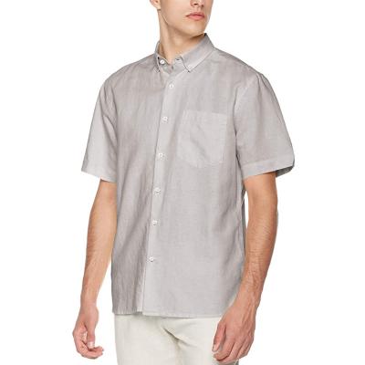 China Tab Cuff Loose Linen Cotton Button Down Shirt Mens Grey Short Sleeve Shirt for sale