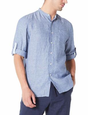 China Xxxl Breathable Pure Linen Mens Long Sleeve Shirts Rolled Up With Band Collar for sale