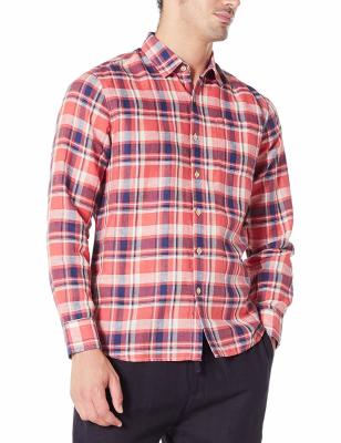 China Orange Plaid gingham Mens Casual Linen Shirts with Band Collar for sale