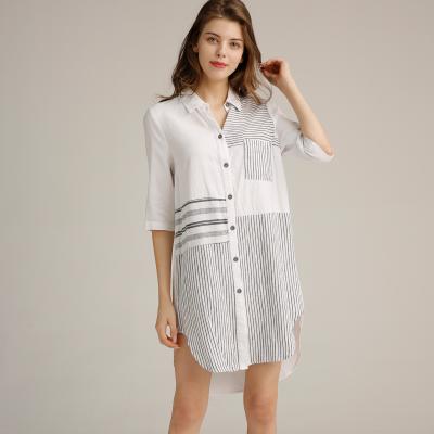 China Off White Half Sleeve Shirt Dress Yarn Dyed Button Up Linen Dress With Chest Pocket for sale