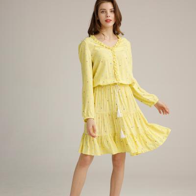 China Polca de lino casual para mujer con gradas Dot Tunic Sundress del algodón de los vestidos de la manga larga en venta