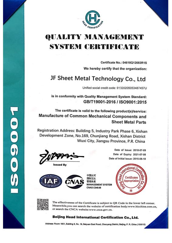Quality Management System Certificate - JF Sheet Metal Technology Co.,Ltd