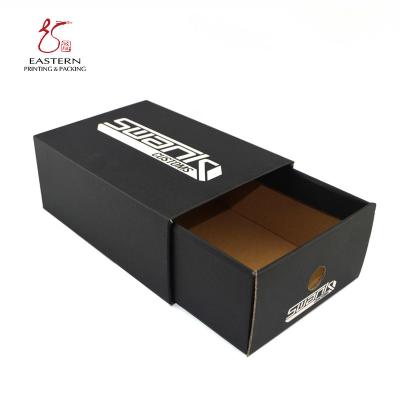 China Foldable Sliding Corrugated Shoe Box Packaging Black Customized White Logo for sale