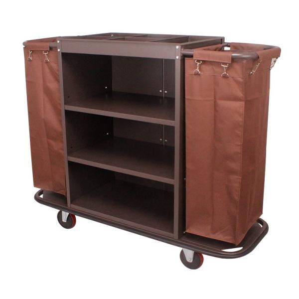 Quality Brown Housekeeping Trolley Hotel Cleaning Supplies Metal Housekeeping Cart for sale