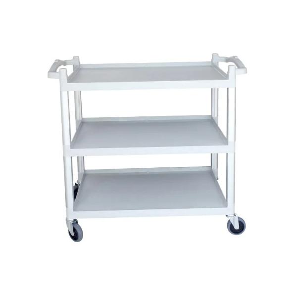 Quality Plastic 3 Tier Food Trolley Hotel Cleaning Supplies Three Shelf Cart With Wheels for sale