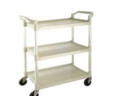 China Plastic 3 Tier Food Trolley Hotel Cleaning Supplies Three Shelf Cart With Wheels for sale