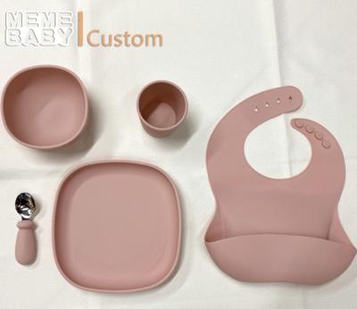 China Baby Silicone Tableware Set Dishwasher Safe Feeding Gift With Silicone Cup Bowl Plate Bibs for sale