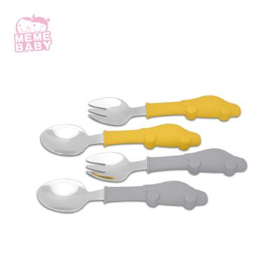 China Cartoon Stainless Steel Silicone Fork And Spoon Set For Baby Gift for sale