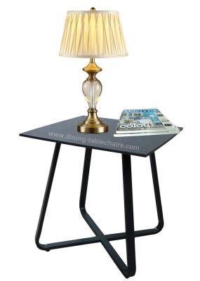 China Stone Finished Stylish Corner Table Tempered Glass Black Leg Powdered Coating for sale