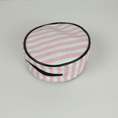 China Pink Stripe PU Round Cosmetic Bag 20*20*10cm Polyester Lining for sale