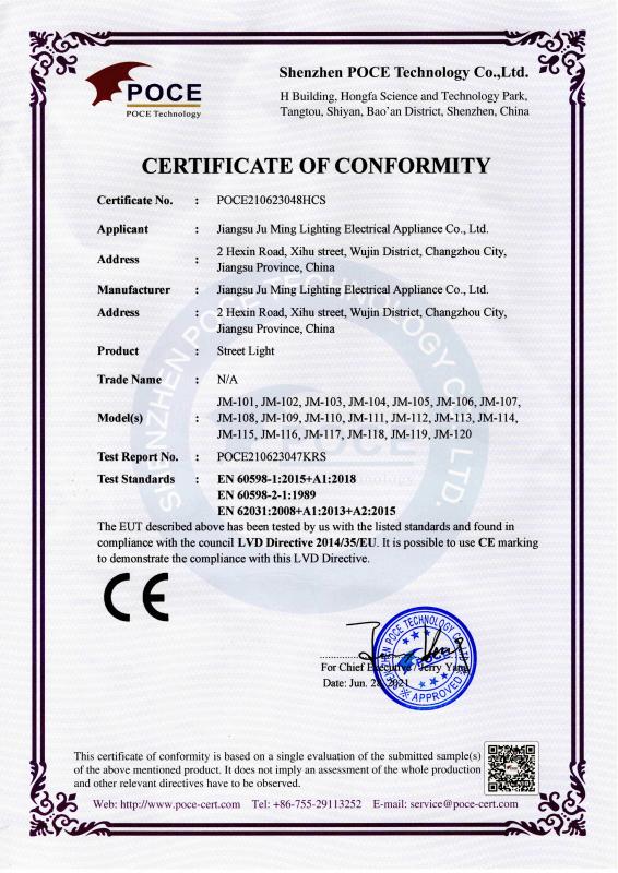 CERTIFICATE OF CONFORMITY - Jiangsu Ju Ming Lighting Electrical Appliance Co., Ltd