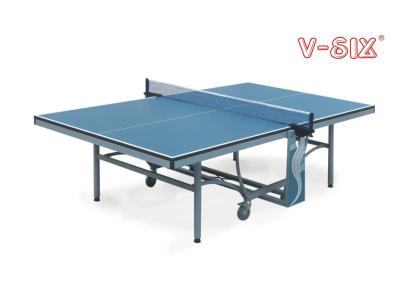 China Double Fold Away Table Tennis Tables , Indoor Foldable Tennis Table Movable With Wheels for sale