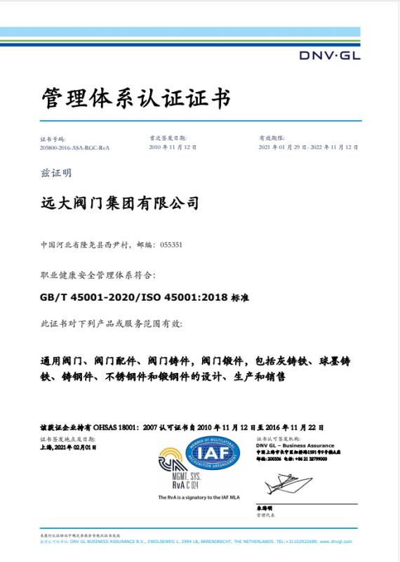 GB/T 45001-2020/ISO 45001:2018 - China • Yuanda Valve Group Co., Ltd.