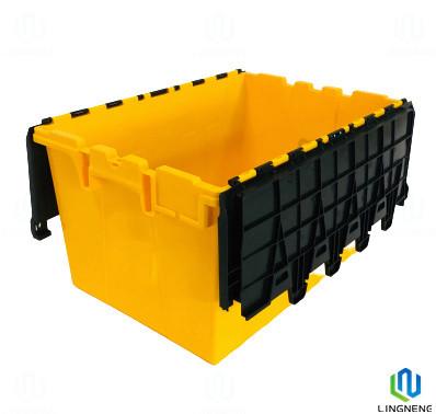 China Caja logística de plástico duradero 600*400*320mm Caja de almacenamiento de plástico con tapa con bisagra en venta