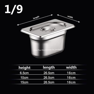 China Hotel Stainless Steel Gastronorm Trays 1/9 Soup Basin With Cover Set Thermal Fast Food Containers for sale