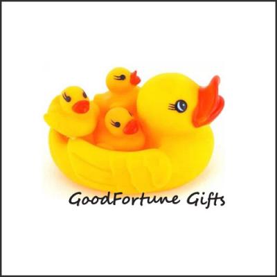 China Eco pvc rubber 4 in 1 floating bath yellow duck for kids printed logo toy doll with sound for sale