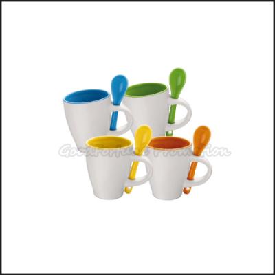 China Promotion printed logo coloured two tone ceramic coffee mugs with spoon for sale