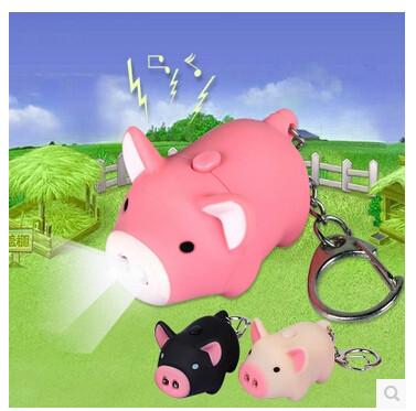 China New creative gift product cartoon animal pig led light keychain keyrings with sound for sale