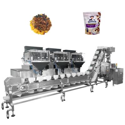 China Fábrica de mezcla de frutas secas y frutos secos Pesadora multicabeza 4 cabezas Pesadora lineal Vffs máquina de embalaje máquina de embalaje de bolsas de cierre en venta