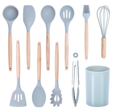 China Wooden Handle,Heat Resistant Silicone Kitchen Utensils Set 11 Pcs Gray for sale