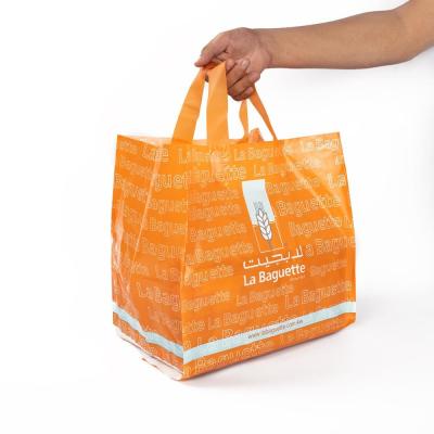 China Kundenspezifische Druck-Logo Poly-PET Plastikeinkaufstasche mit quadratischer Unterseite zu verkaufen