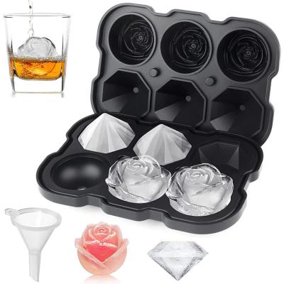 China Food Grade Ice Cube Trays Silicone Mold  With Lid 2 Rose Ice Mold For Whisky Cocktails Coffee Black for sale