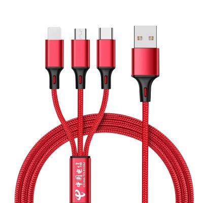 China 3 Ports In 1 1.2m Mobile Phone Cables Alumunium Alloy Fiber 2A Fast Charging for sale