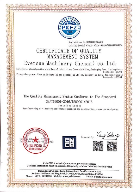 CERTIFICATE OF QUALITY MANAGEMENT SYSTEM - EVERSUN Machinery  (Henan)  Co., Ltd