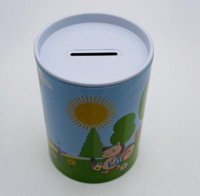 China Custom Printed Round Coin Bank Empty Metal Tin Money Box for sale
