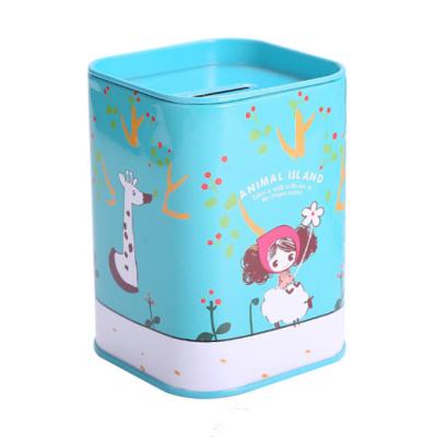 China Recyclable Small Tin Can Metal Coin Collection Boxes Square Tinplate Piggy Bank for sale
