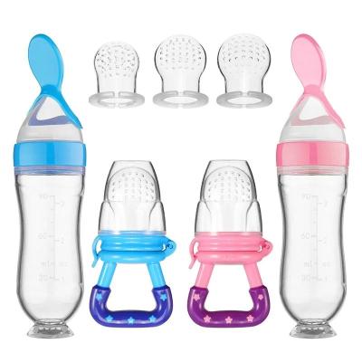 China 90ml Silicone Squeeze Bottle Spoon Toddler Baby Food Dispensing Spoon Rice Paste Squeeze Feeder Baby Bottle With Spoon for sale