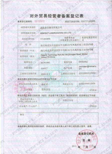 Registration Form for Foreign Trade Operator - Perfect Laser (Wuhan) Co.,Ltd.