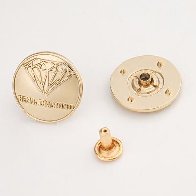 China Custom Logo Metal Clothing Label Rivet Plated Gold Button Shape Metal Logo Tag Rivet Back en venta