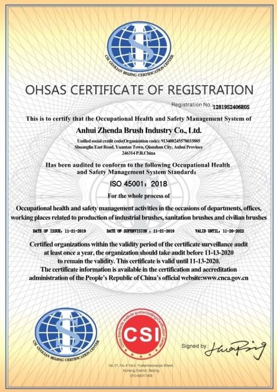 OHSAS CERTIFICATE OF REGISTRATION - Anhui Zhenda Brush Industry Co., Ltd.