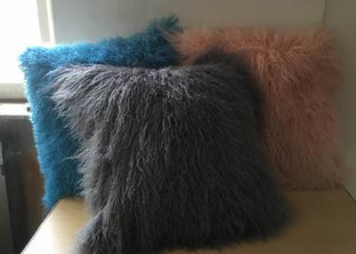 China Mongolian Lamb Fur Throw Pillow Dark grey Long Curly Sheep Fur Cushion Cover for sale